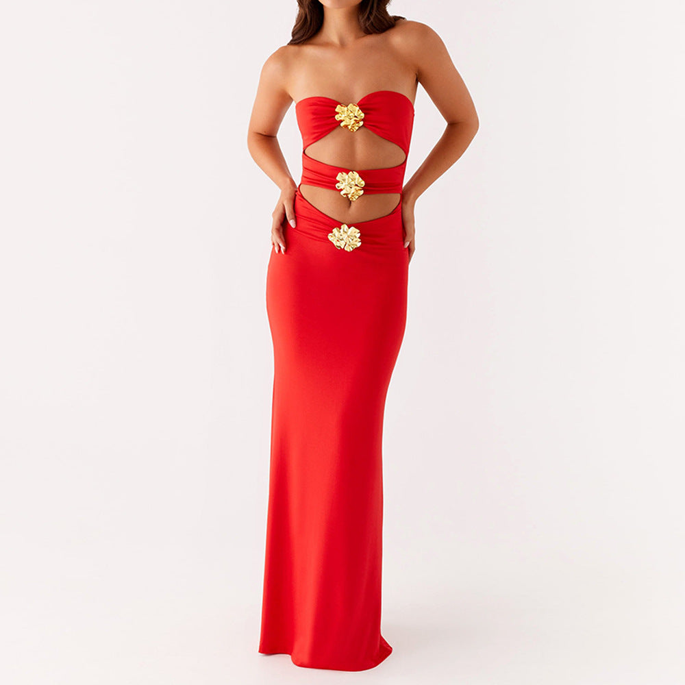 Sommer Damen Sexy Cutout-Kleid schulterfrei Metall Blumen Sexi Eng Anliegend Maxikleid