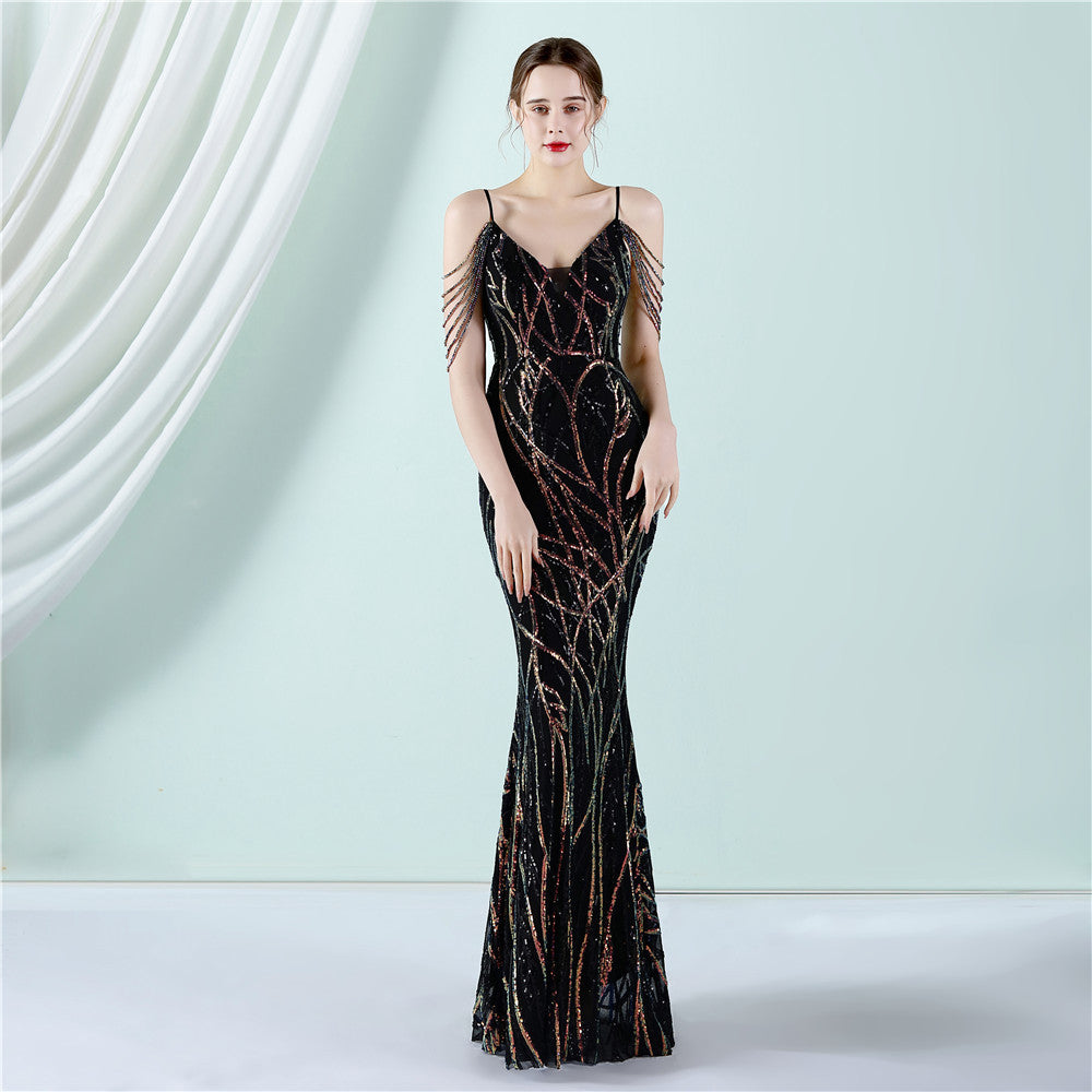 Träger Pailletten Toast Kleid Braut langes Dankesdinner schmal geschnittenes Meerjungfrauenkleid Hochzeitsauto Model Ausstellungs-Kleid