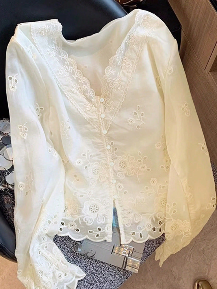 Elegant V neck Hollow Out Cutout Lace Long Sleeved Shirt