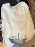 Elegant V neck Hollow Out Cutout Lace Long Sleeved Shirt