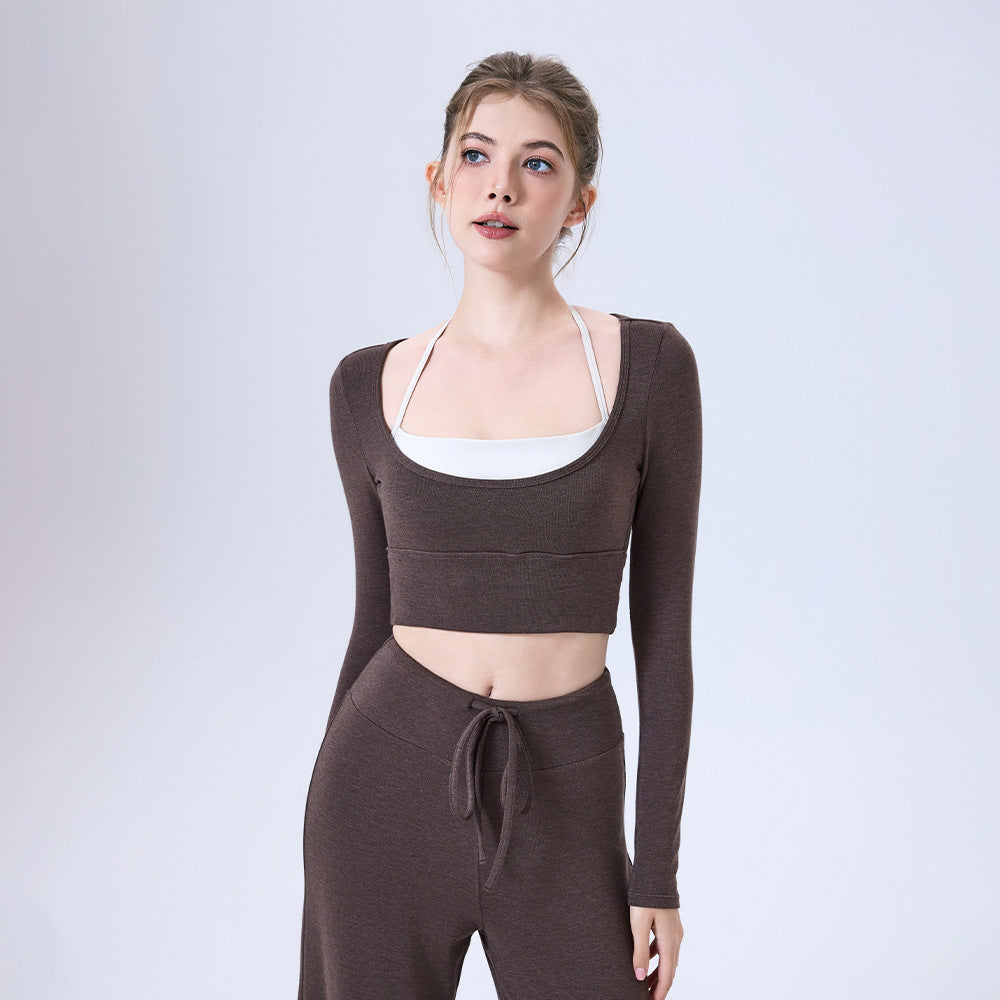 Nude Feel Kontrastfarben Yoga Kleidung Langarm Halb-fester Cup Running Schmaler Sport-BH Atmungsaktiver Workout Kleidung Top