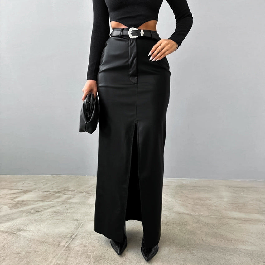 Herbst Premium Eleganter Fleecegefütterter Mattleder-Rock mit hoher Taille, schmaler Passform, sexy Schlitz, gerader Schnitt für Damen, ohne Gürtel
