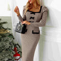 French Dress High Grade Long Sleeve Sexy Tight Hip Belt Plaid Stretch Knitted Dress