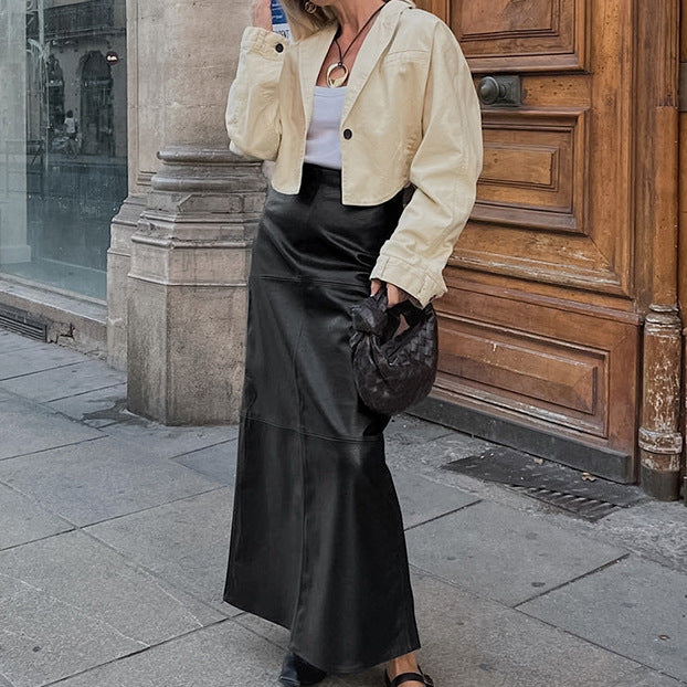 Retro Minimalistischer Hochtaillierter A-Linien Lederrock mit Fleecefutter, Rock aus Kunstleder mit Schlitz, Herbst Winter Maxi Damen