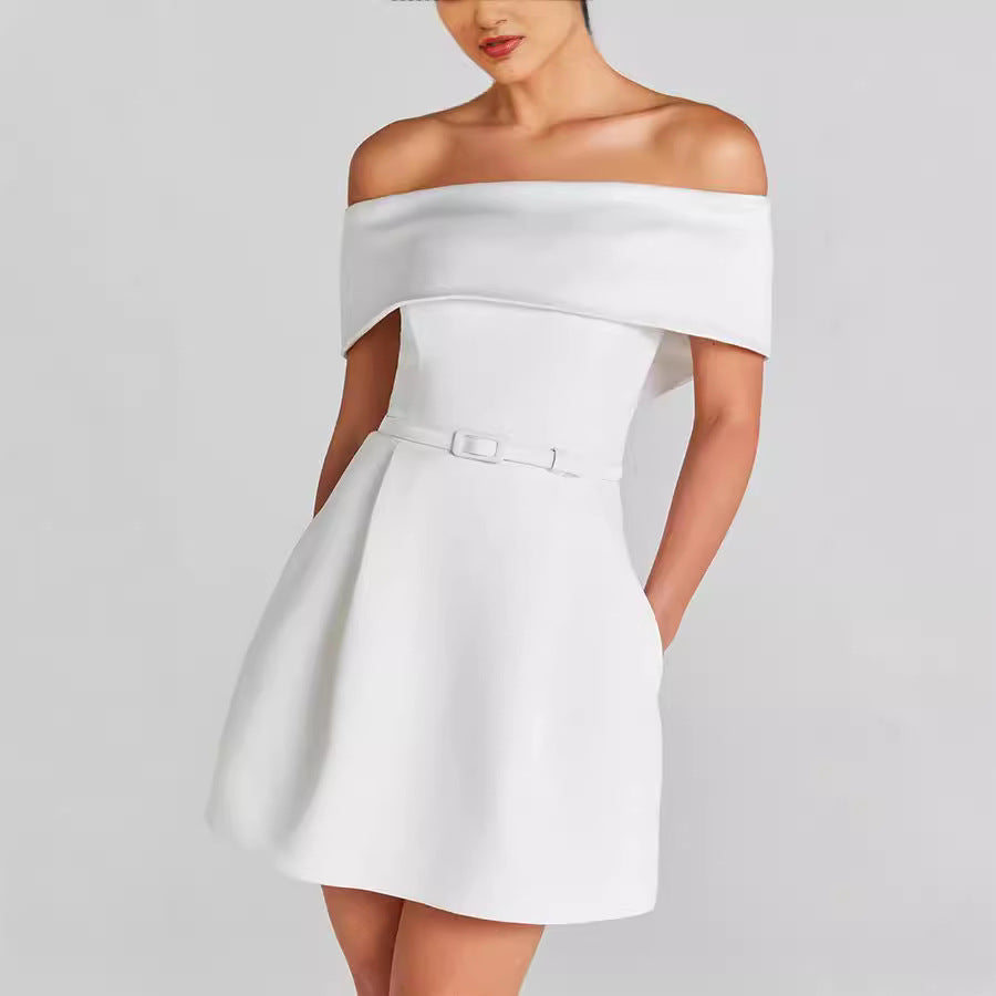 Spring Summer Waist Belt Off Shoulder Dress Casual Party Dress Dress Women