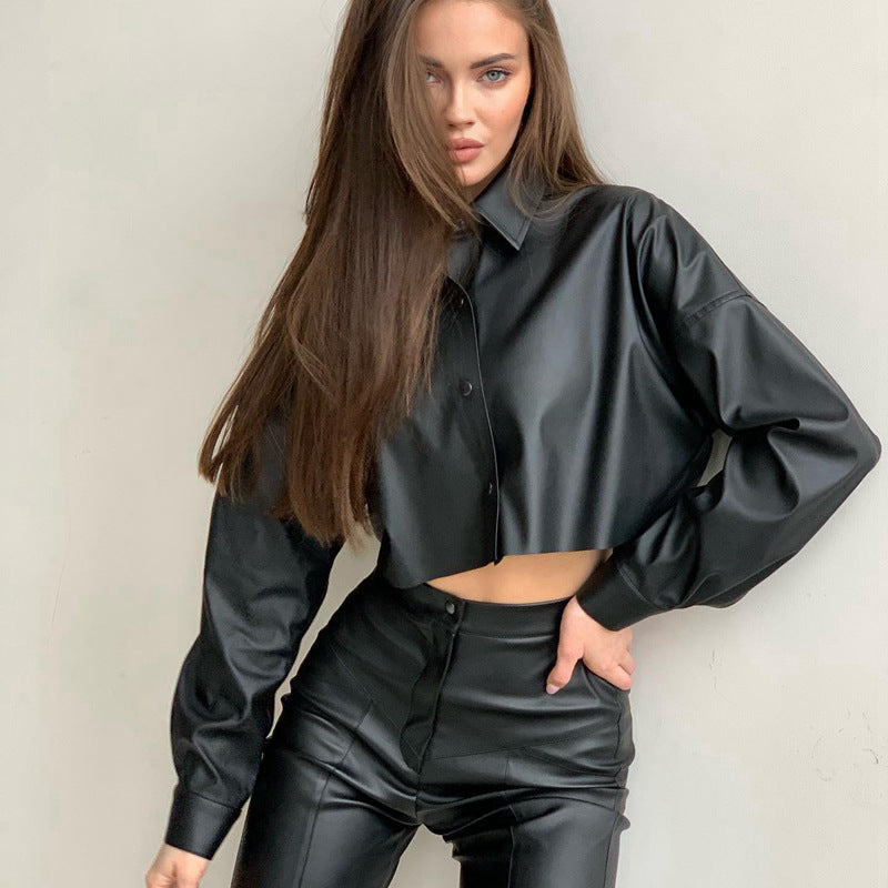 Damenbekleidung Damen Herbst Winter Fledermausärmel Langarm Cropped Einfarbig Faux-Leder Hemd Damenhemd