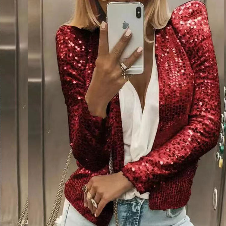 Damen Herbst Rundhals Langarm Einfarbig Cardigan Lässig All-Match Paillettenmantel