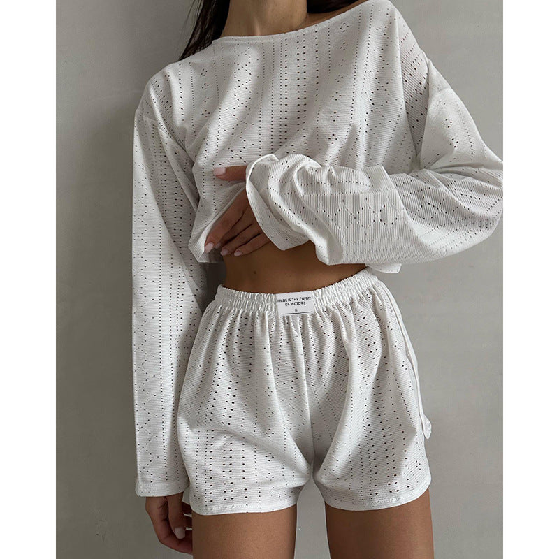 Herbst Damen Einfaches Slim Fit Lockeres Pullover-Top Shorts-Set
