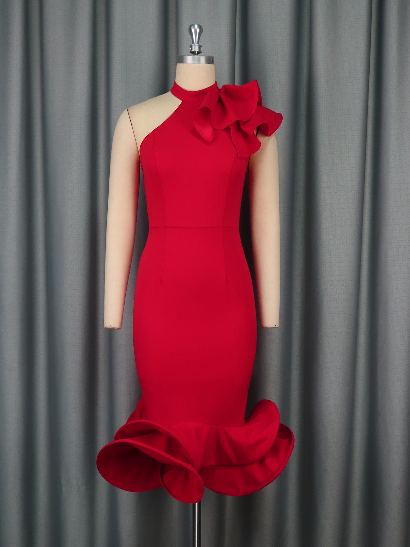 Elegantes Half Turtleneck Volantkleid schulterfrei mit Rüschensaum Cocktail Abendkleid