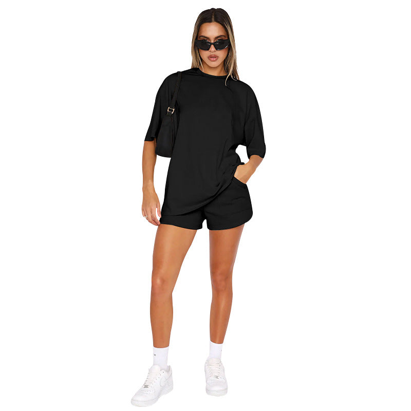 Einfarbig Rundhals Kurzarm Pullover Top Damen Kleidung Freizeit Shorts Anzug Sommer