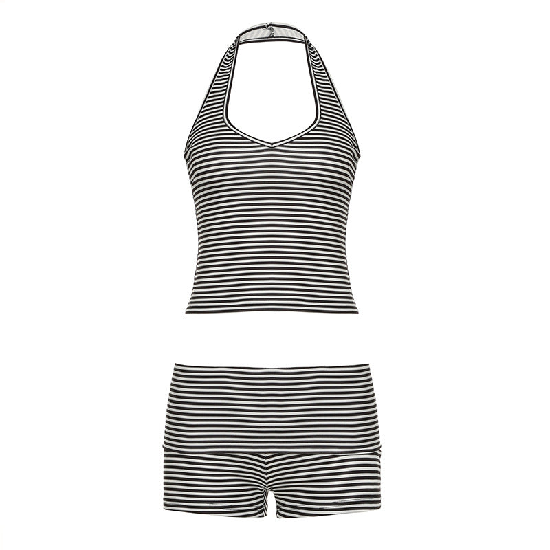 Street Sports Lässige schwarz-weiß gestreifte Neckholder-Weste mit Shorts, Sommer-Zweiteiler-Sets