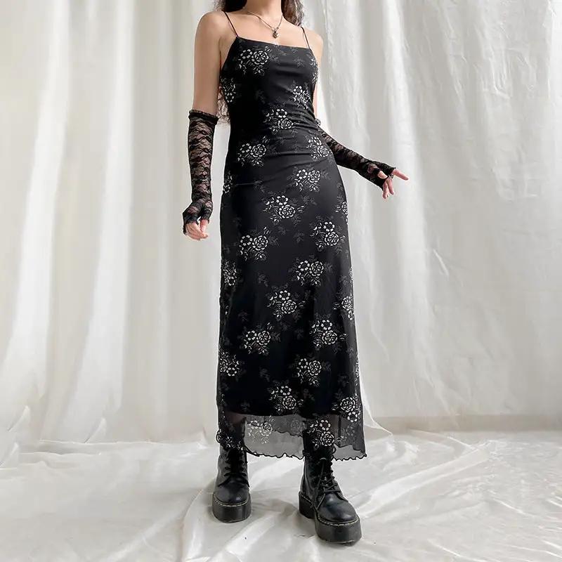 French Retro Elegant Adult Lady Woman Floral Print Maxi Dress Mesh Wooden Ear Off Neck Slim Strap Long One Step Dress by Wanita Store