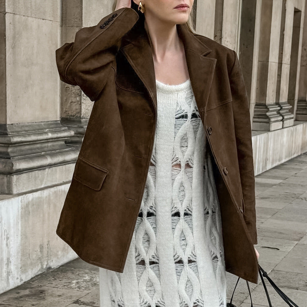 Brauner Mantel aus gebürstetem Samt mit Retro-Revers, lockerer Wildleder-Optik, Herbst Winter Maillard Blazer Damen