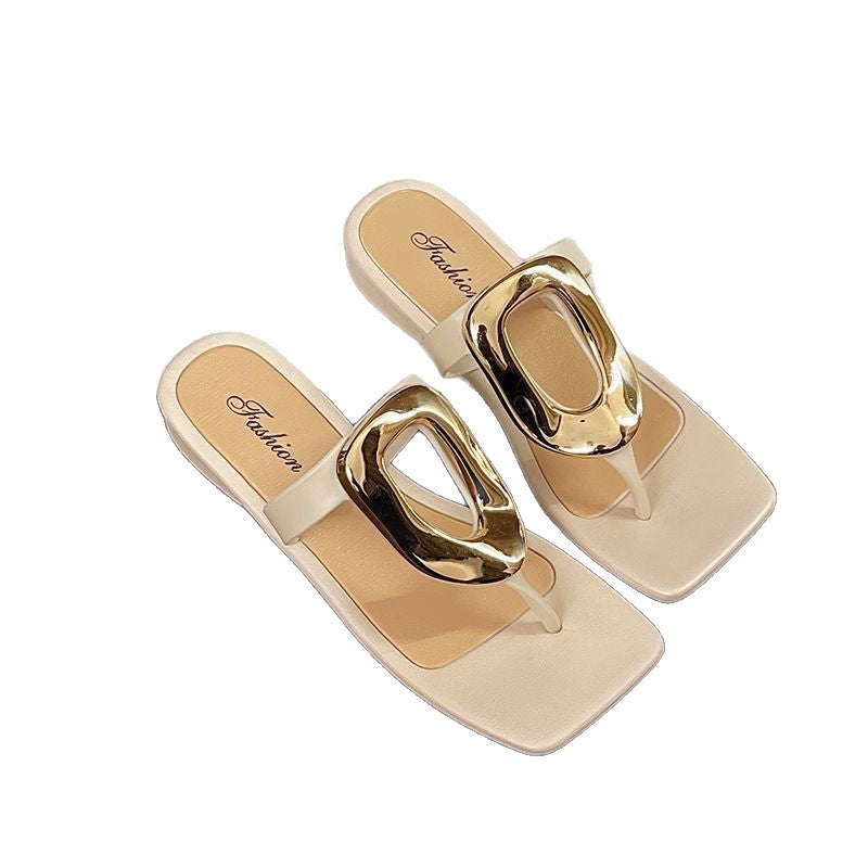 Square-toe open-toe thong sandals by SHOPEZRA L.L.C. with metal buckle, breathable summer design, perfect for outdoor casual wear