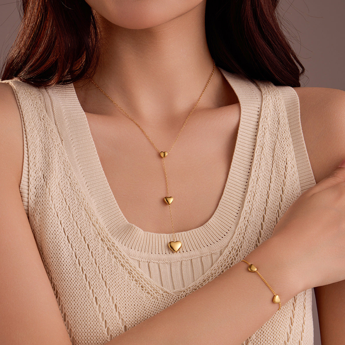 18K Gold Stainless Steel Heart Tassel Necklace Bracelet Titanium Steel Ornament