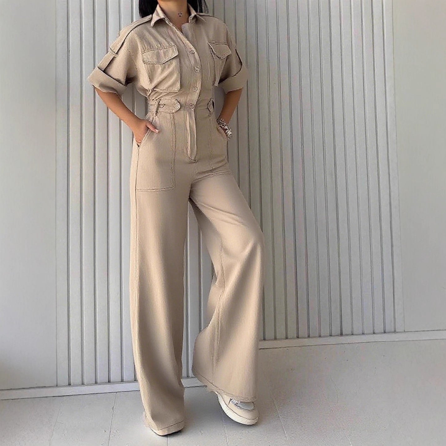 Women Clothing Jumpsuit Loose Waist Tight Slimming Wide Leg Pants Collared Overalls One Piece