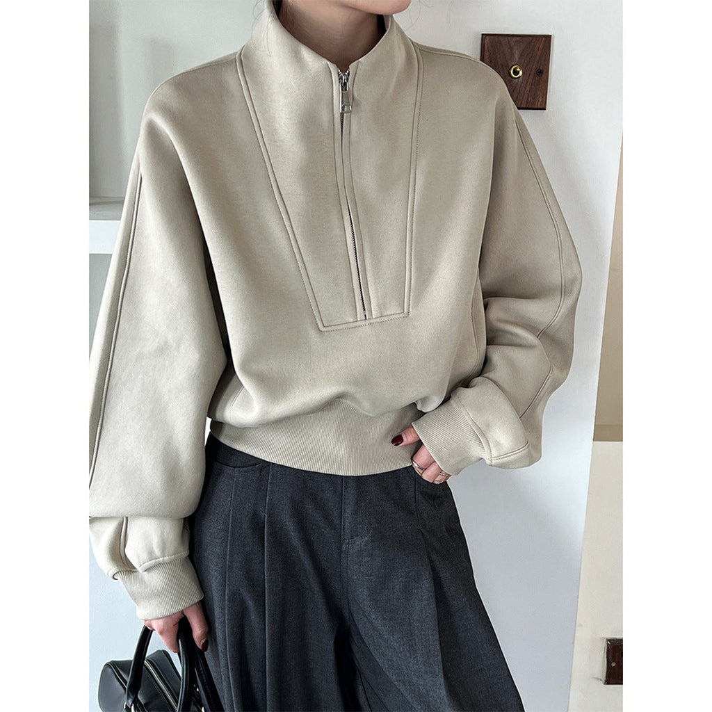 Half Zipper Sweatshirt Damen Hochwertiger Frühling Koreanischer Freizeit-Sport High Waist Top