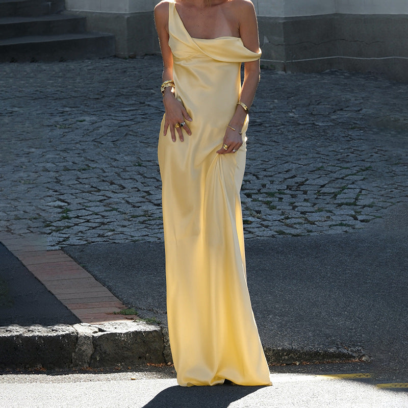 Kleid elegant sexy einfarbig Träger Satin Urlaub lang Sommer