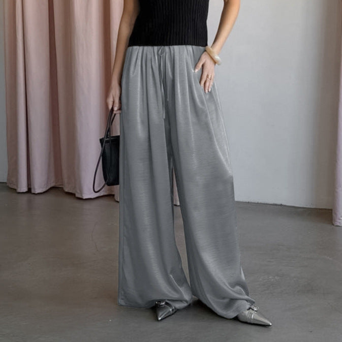Women Solid Color Satin Imitation Acetate Trousers Women Commuting Elegant High Grade Casual Loose Wide Leg Pants