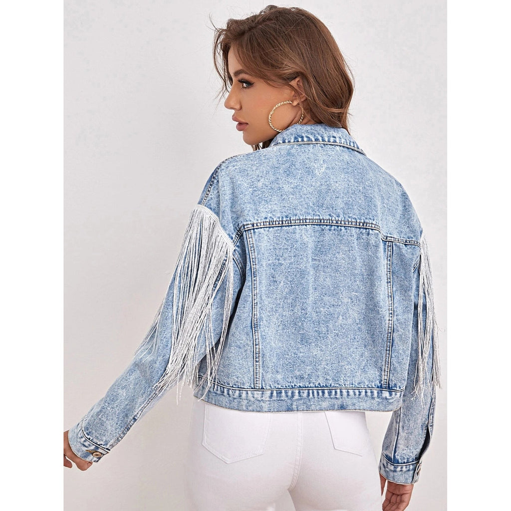 Beliebte Jeansjacke mit Fransenkragen und floraler Verzierung für Damen
