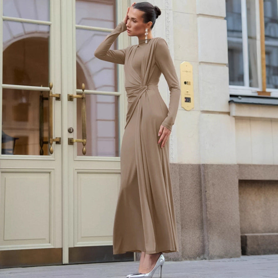 Herbst Französisch Kleid Maxikleid Damen Strukturiert Taille Schlankmachendes Abendkleid