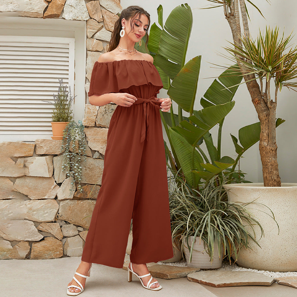 Damenbekleidung Sommer Casual schulterfrei Rüschenärmel Schnürung Crop-Top weite Beinhose