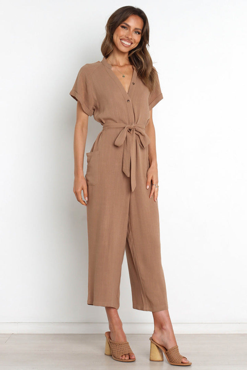 Summer Solid Color Pocket Sexy V Neck Cropped Wide Legged Jumpsuit Women