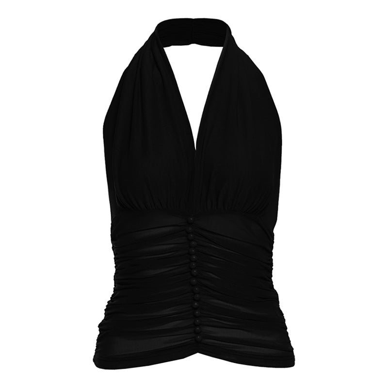 Summer Women Clothing Sexy V neck Halter Spaghetti Straps Vest Mesh Pleats Top for Women