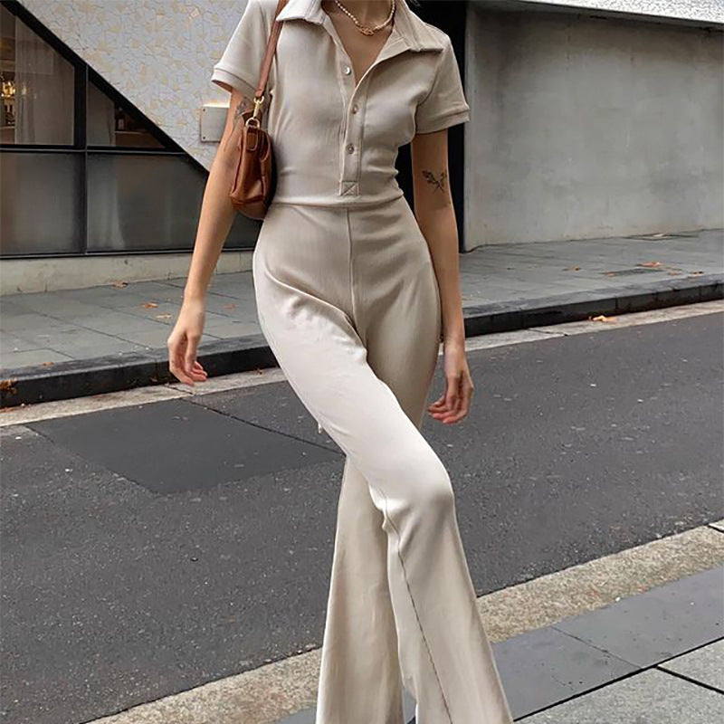 Herbst Winter Damenbekleidung Lässig Eng Rückenfrei Kragen Overall Knöpfe Jumpsuit Damen Bootcut Hose