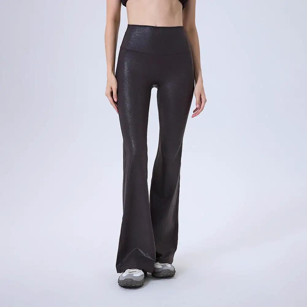 High Waist Faux Leather Sports Bell Bottom Pants Seamless Anti Hemmed Trousers Women Running Thin Fitness Pants Yoga Pants by Wanita Store
