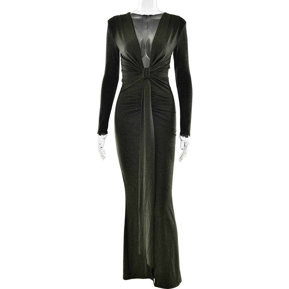 Herbst Winter Sexy Tief V-Ausschnitt Schleifenkleid Sexy Schlitz Enganliegendes Kleid