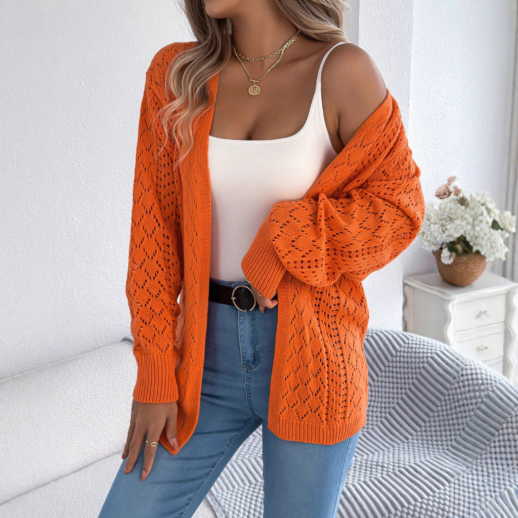 Herbst Winter Aushöhlen Ausschnitt Laterne Langarm Cardigan Pullover Mittellanger Mantel Damenbekleidung