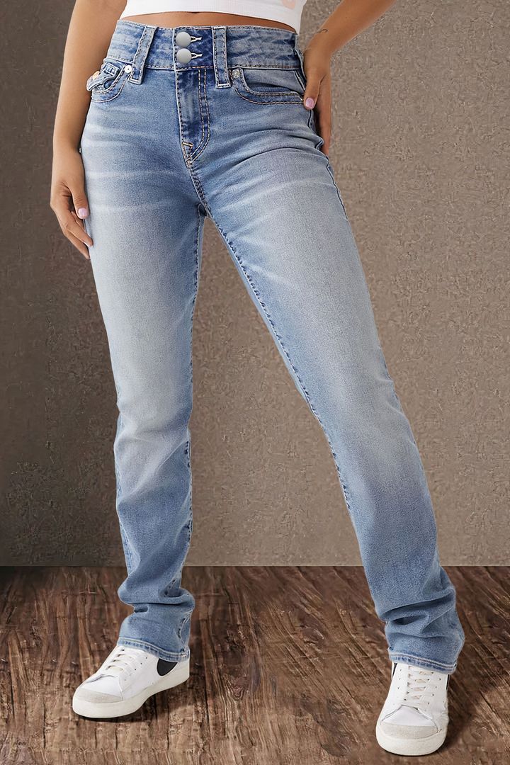 Spring Double Button Mid Waist Straight Jeans Women Slim Trousers