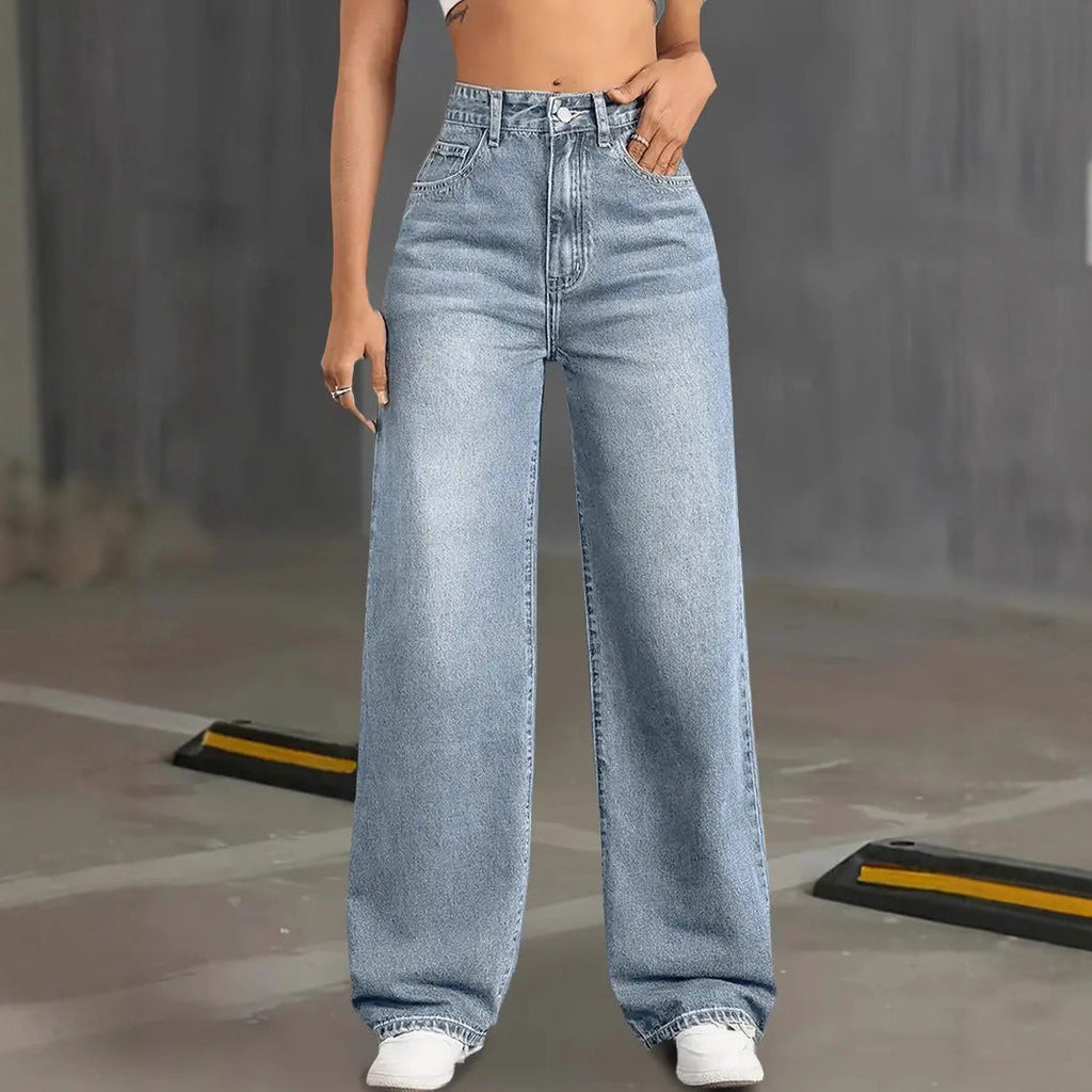 High Waist Straight Jeans Light Color Water Scrubbing All Season Casual Street Clothing Suitable All Seasons