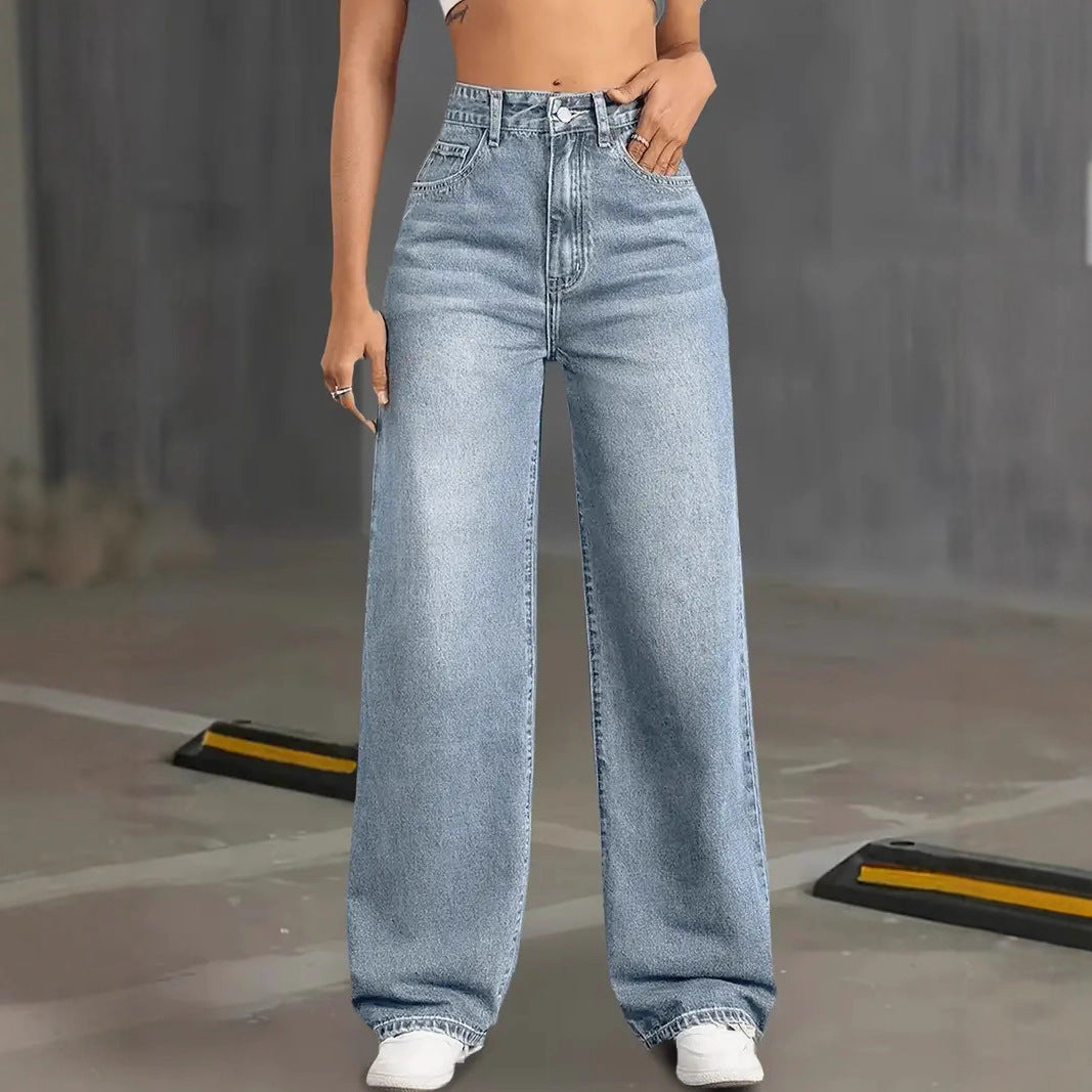 High Waist Straight Jeans Light Color Water Scrubbing All Season Casual Street Clothing Suitable All Seasons