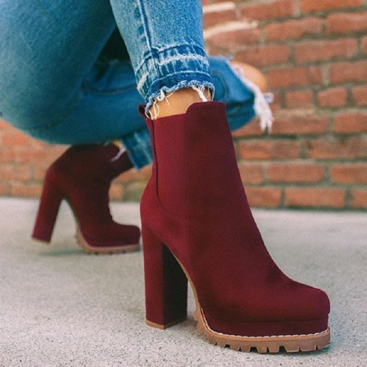 Runder Kopf Leopardenmuster Chunky Heel Kurze Ritterstiefel Damen High Heel Elastischer Bund Ärmel Wildlederstiefel