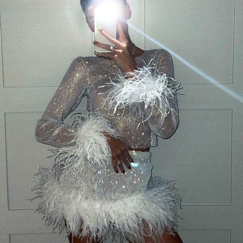 Modischer Rock-Set Aus Pailletten Und Kunstpelz Für Damen, Sexy Club-Kleid Mit Rundhals-Ausschnitt Und Langen Ärmeln