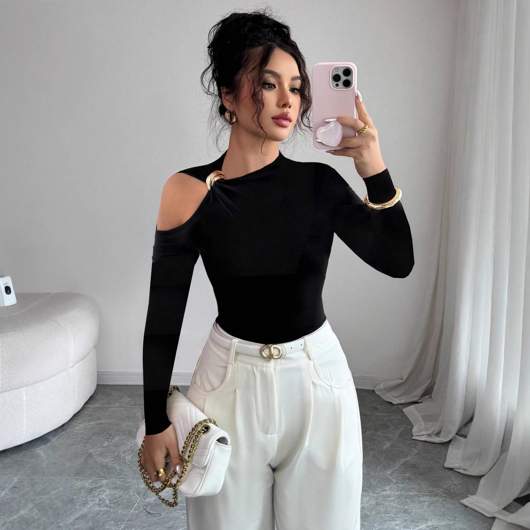 Autumn Winter Asymmetric Collar One Side off Shoulder Metal Decoration Slim Fit Slimming Top