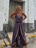 Golden Ribbon Trim Tight Waist V neck Loose Sling Jumpsuit