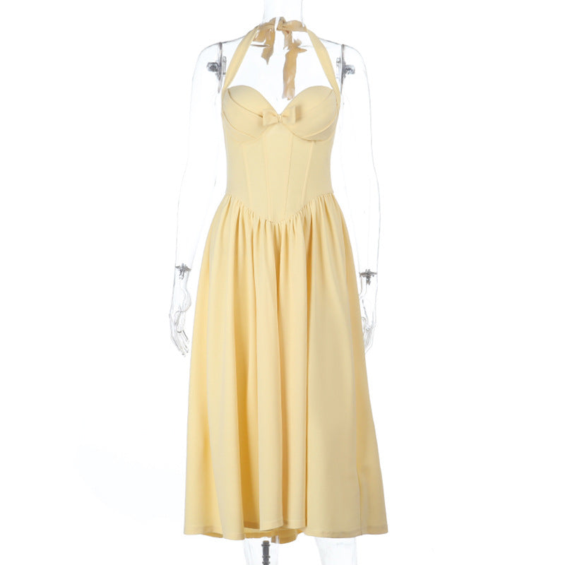 Halter Neck Kleid mit Schleife an der Taille, schmaler Brustpartie und A-Linie, für Damen, Abendkleid, Maxi