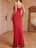 Women Clothing Arrival Red Paillette Splicing Sling Slit Maxi Dress Slim Fit Cocktail Formal Dress