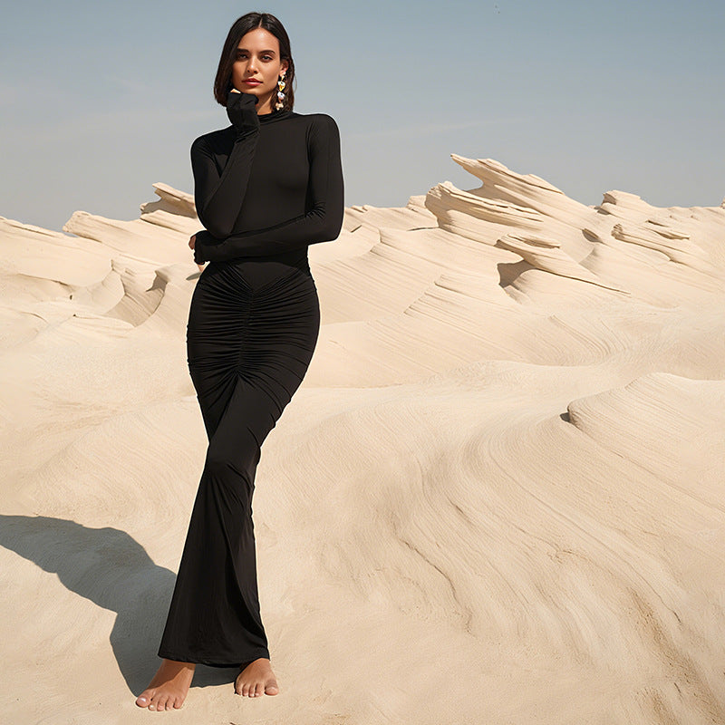 Damenbekleidung Herbst Einfarbig Elegant Schmal Schlankmachend Plissiert Rollkragen Langarm Kleid