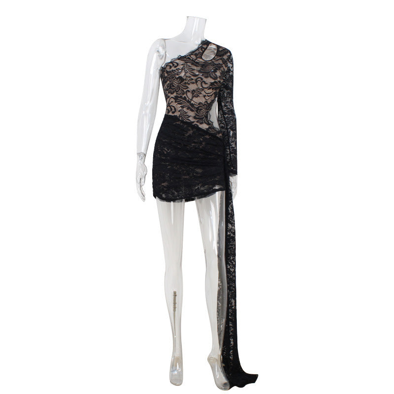Frühling Sommer Diagonalkragen Sexy Spitze Eng Anliegendes Schmal Geschnittenes Etuikleid Rot Teppich Performance Kleid