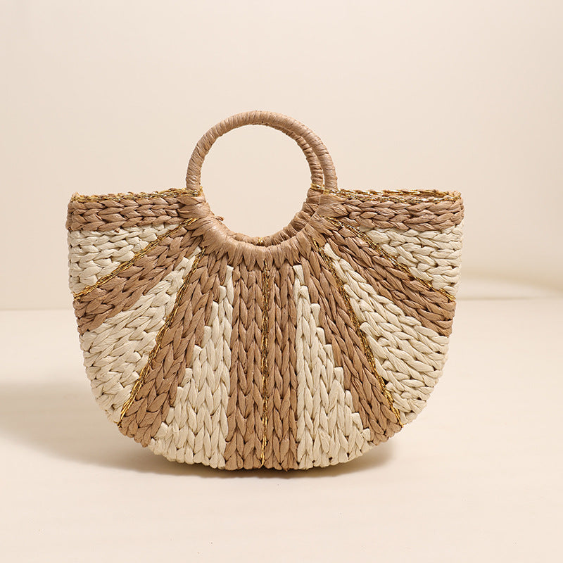 Niche Gold Line Contrast Color Portable Straw-Weaved Bag Striped Semicircle Straw Bag Woven Bag Degrees Wind Faux Beach Bag Women Bag