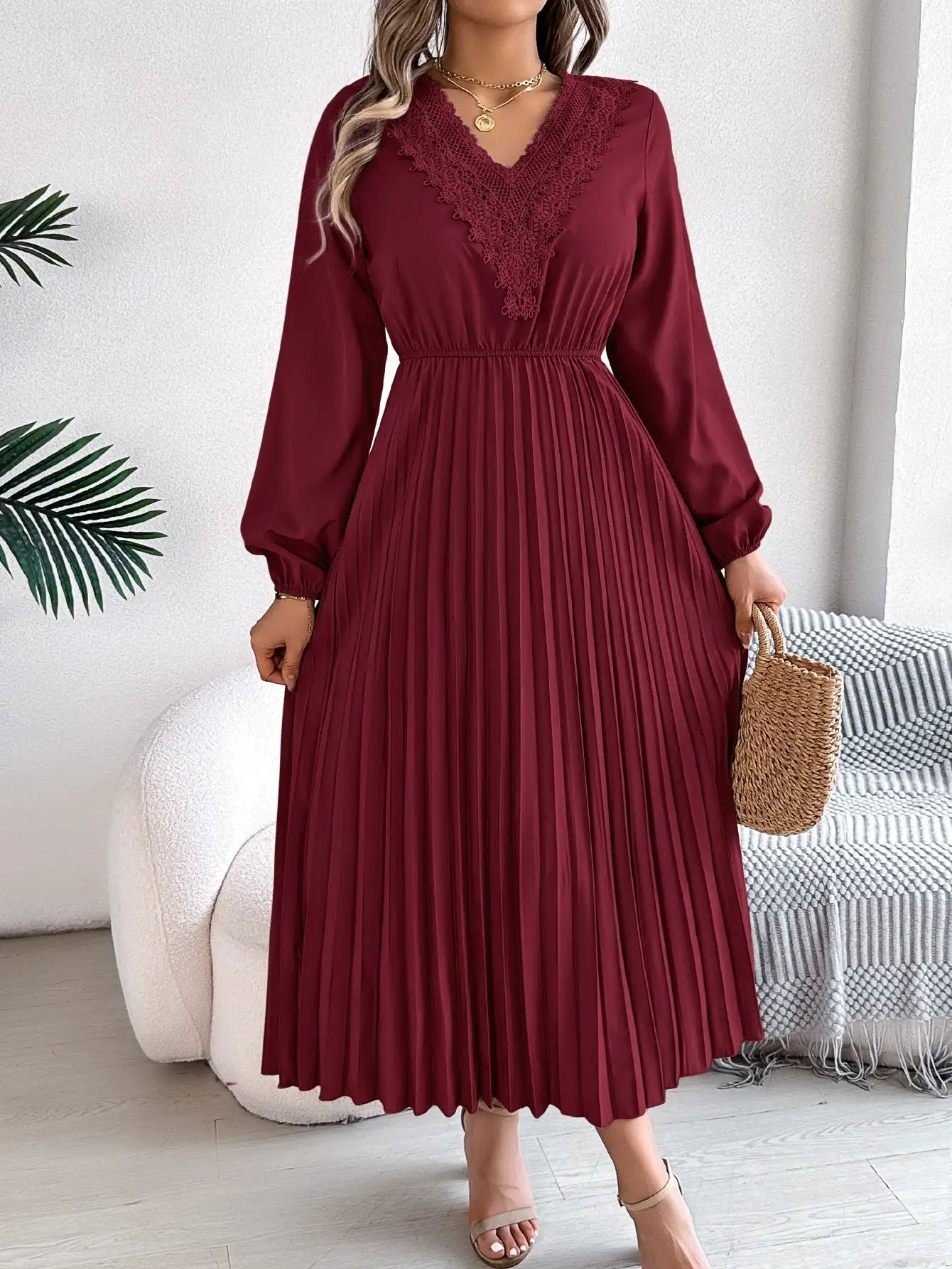 Spring Summer Elegant V neck Lace Cinched Pleated Maxi Dress Women Clothing by Wanita Store