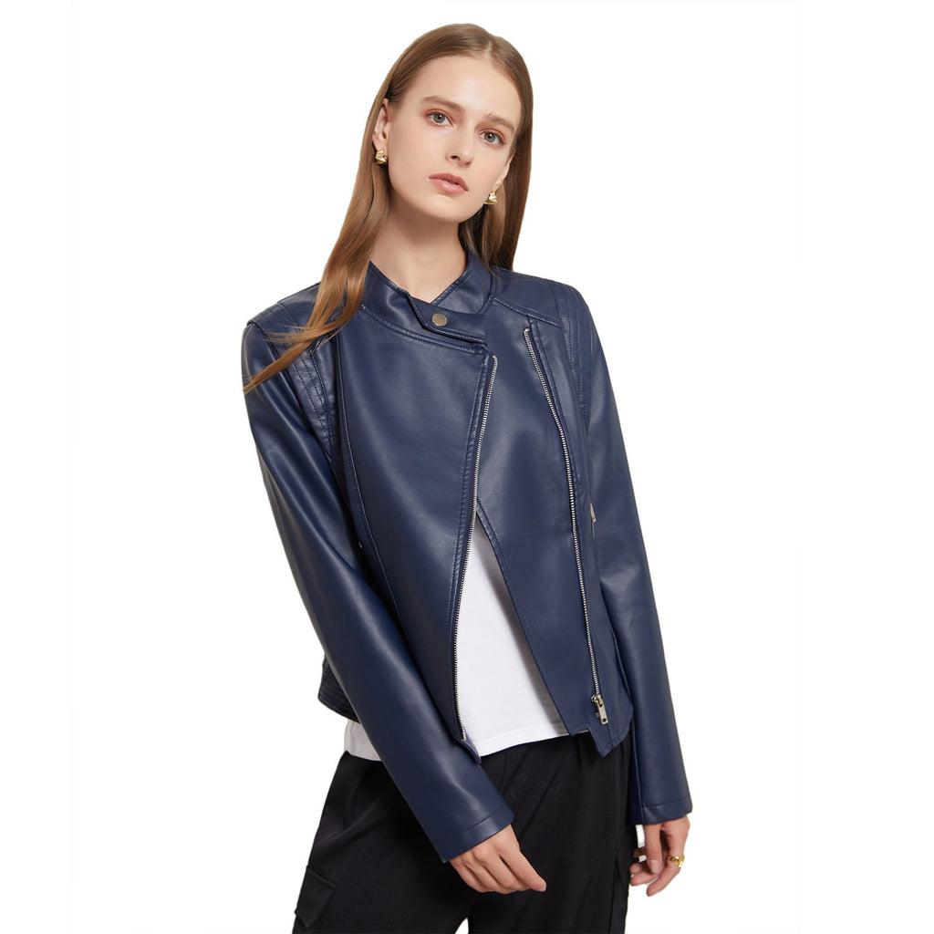 Faux-Leder Stehkragen Damen Slim-Fit Ledermantel Damen Frühling Herbst Dünner Langarm Mantel Kurze Damen Jacke Übergröße