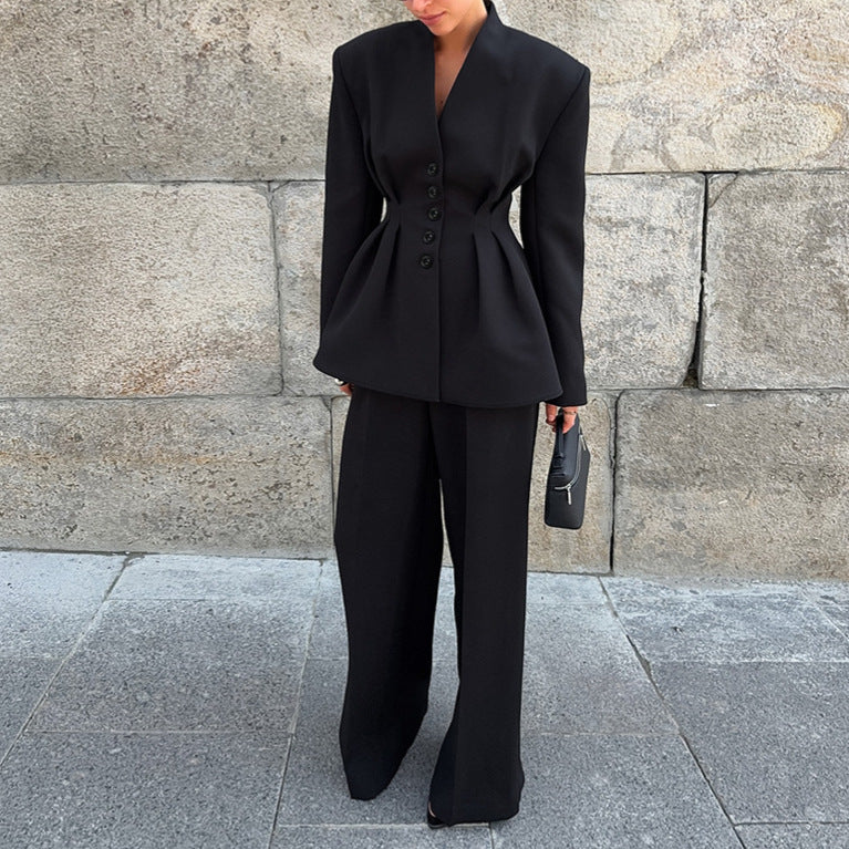 Women Clothing Fall Black High Grade Long Sleeved V neck Pleated Waist Tight Blazer Trousers Two Piece Set