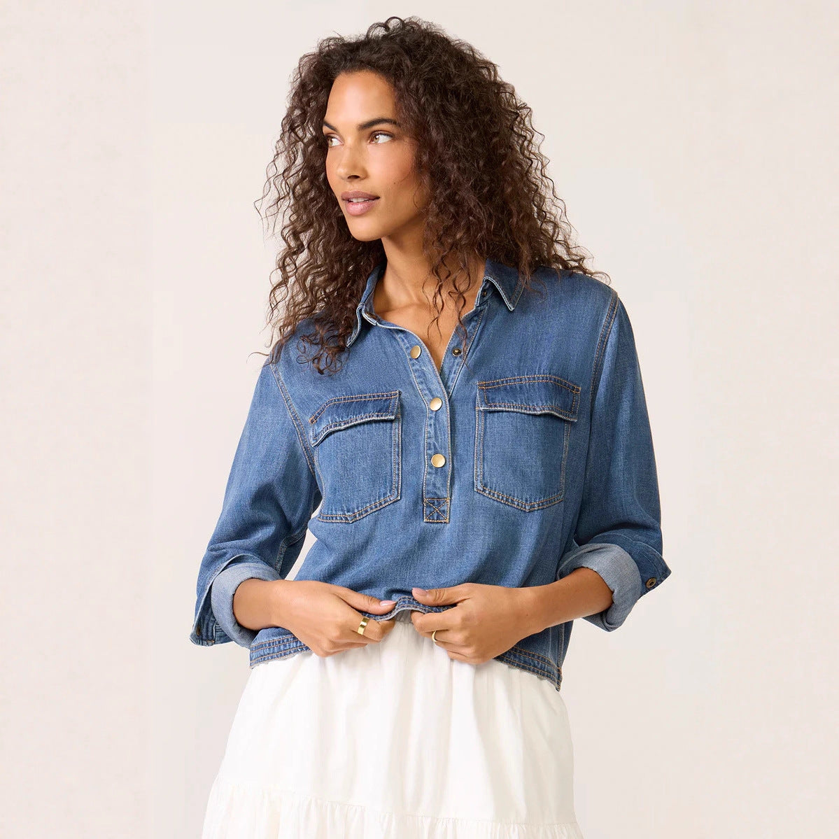 Women Clothing Casual Polo Collar V neck Pullover Denim Shirt