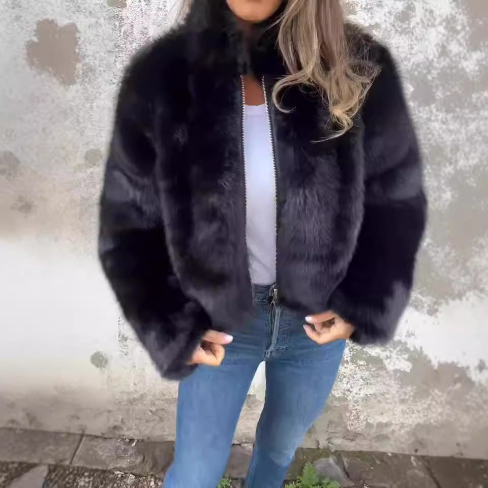 Damenbekleidung Damen Herbst Winter Kunstfell Rollkragen Reißverschluss Freizeit Mantel