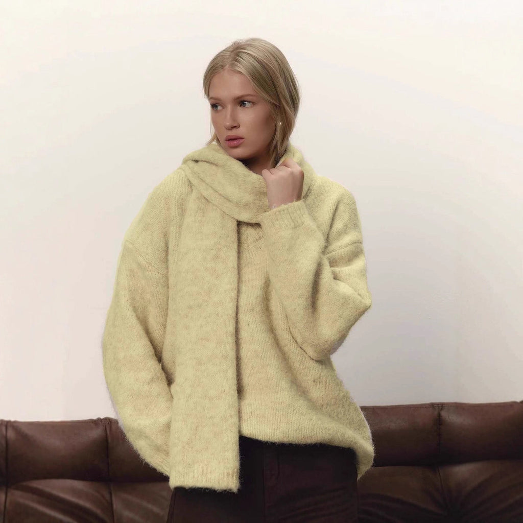 Lockere, faule, weiche Wollpullover Damen Herbst Winter Pullover Lockere Pullover Schal-Set